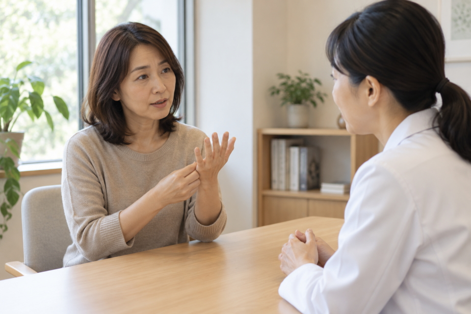 手の症状を医療者に相談する場面(AI生成イメージ)