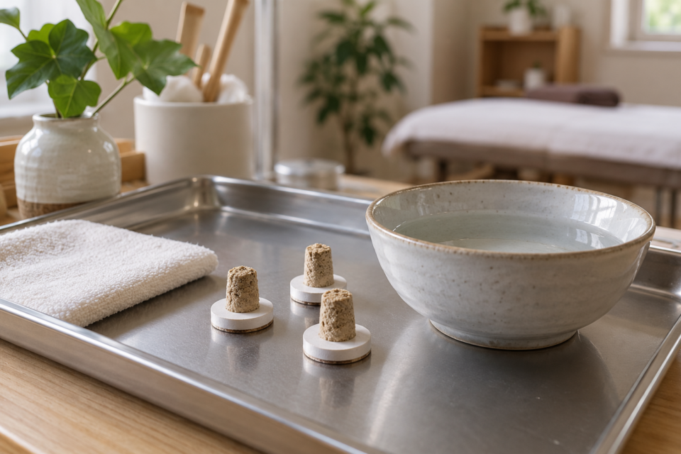 使用前の台座灸と消火用の水(AI生成イメージ)