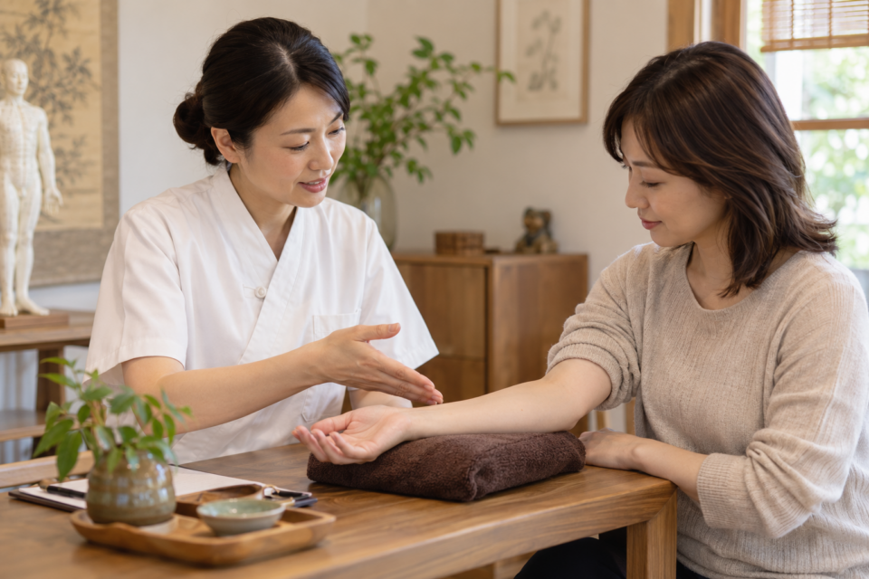 鍼灸師と腕の状態を確認する場面(AI生成イメージ)