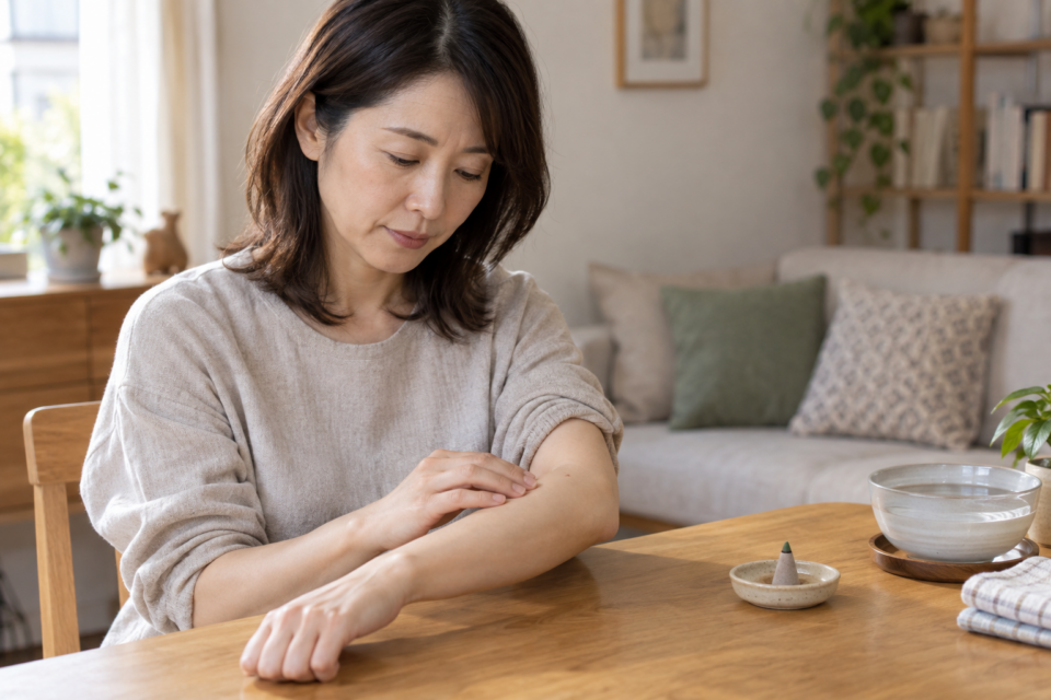 お灸の前に皮膚の状態を確認する女性(AI生成イメージ)
