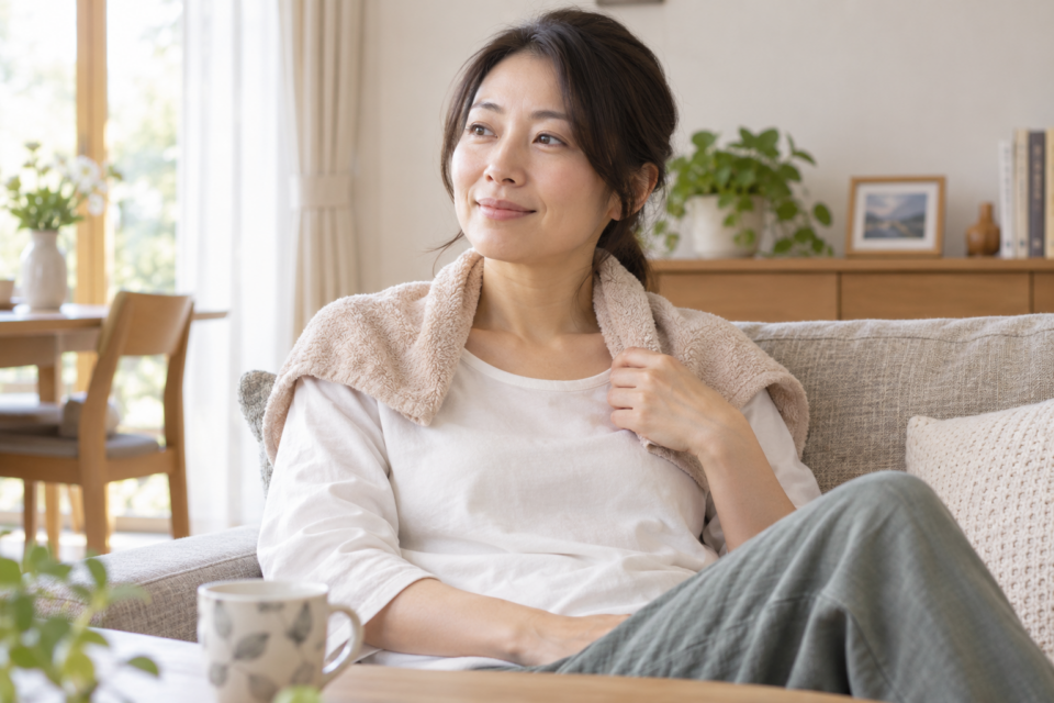 タオルを肩に当てて休む女性(AI生成イメージ)