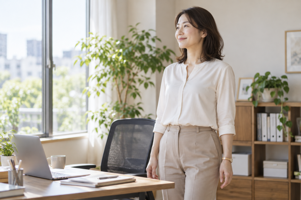 デスクワークの合間に立って休む女性(AI生成イメージ)