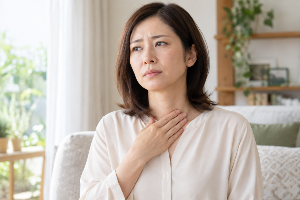 喉の不快感で胸元に手を添える女性(AI生成イメージ)