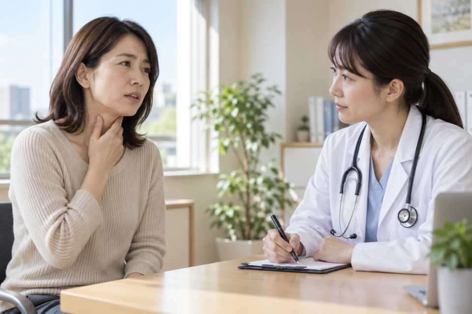 喉の症状を医療者に相談する場面(AI生成イメージ)