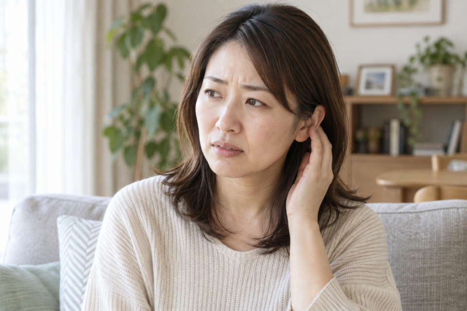耳の外側にそっと手を添える女性(AI生成イメージ)