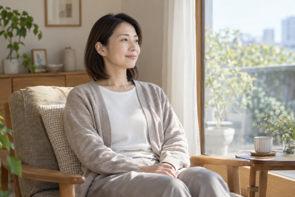 顎と肩の力を抜いて休む女性(AI生成イメージ)