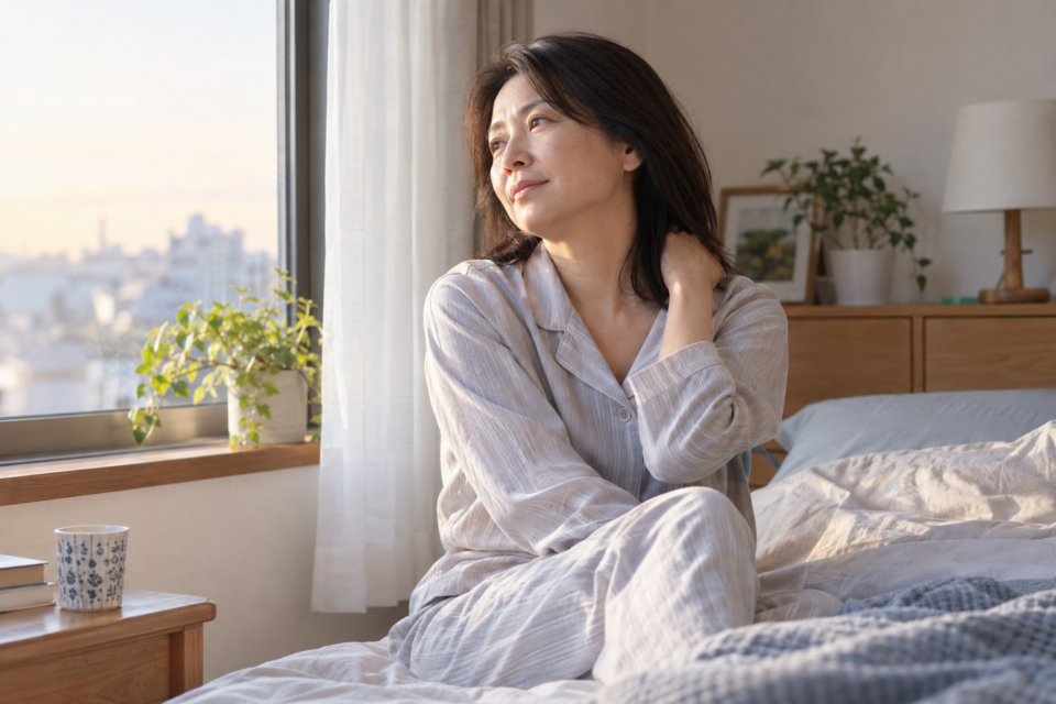 朝に肩の重さを感じる更年期世代の女性（AI生成イメージ）