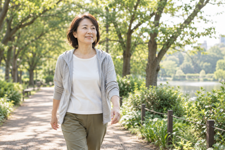 公園を無理なく歩く女性（AI生成イメージ）