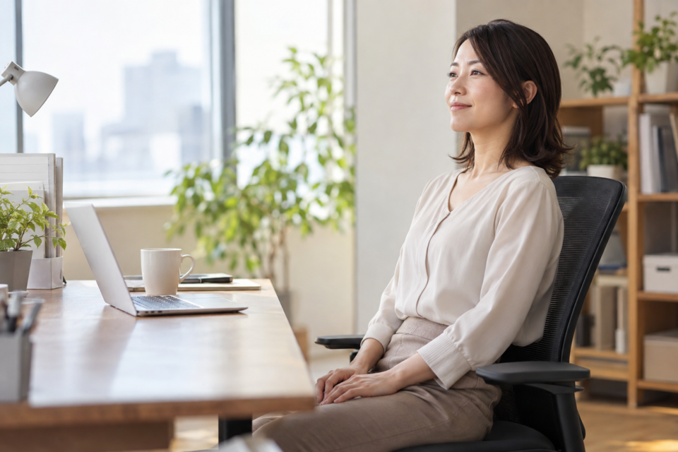 パソコン作業を中断して肩の力を抜く女性(AI生成イメージ)