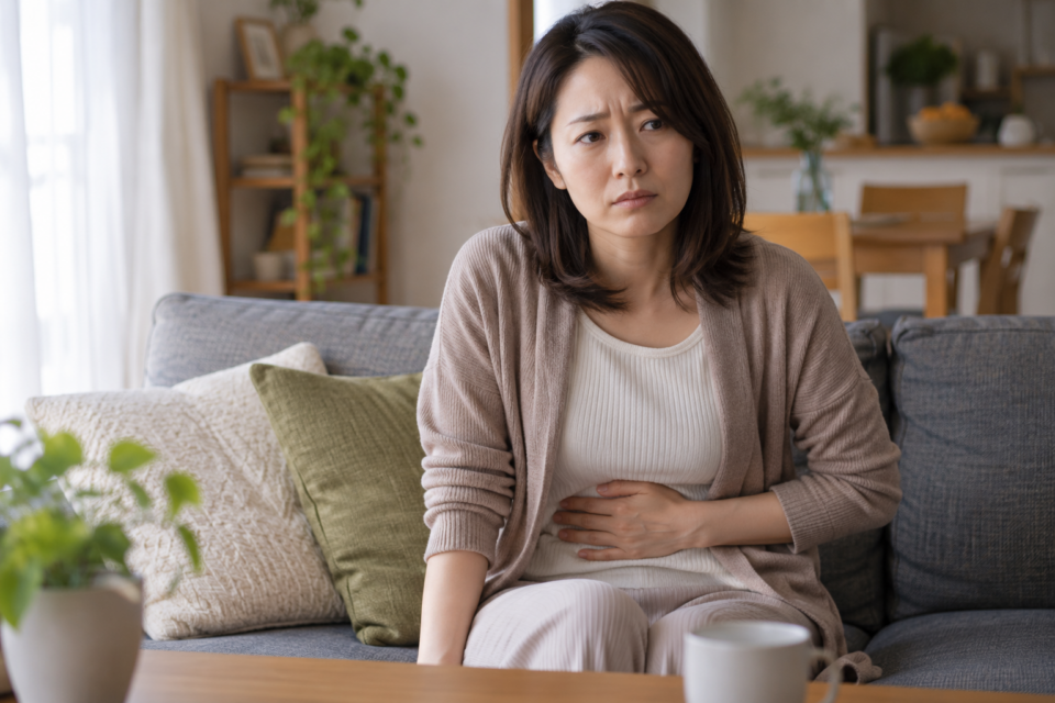気分の悪さを感じて座って休む女性(AI生成イメージ)