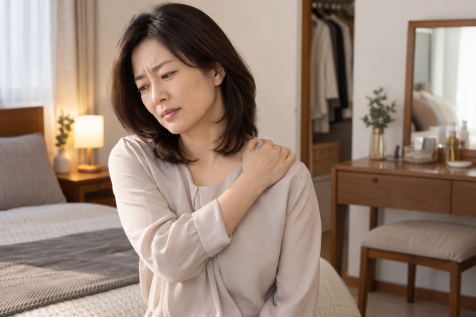 衣服の上から肩の不快感を確認する女性(AI生成イメージ)