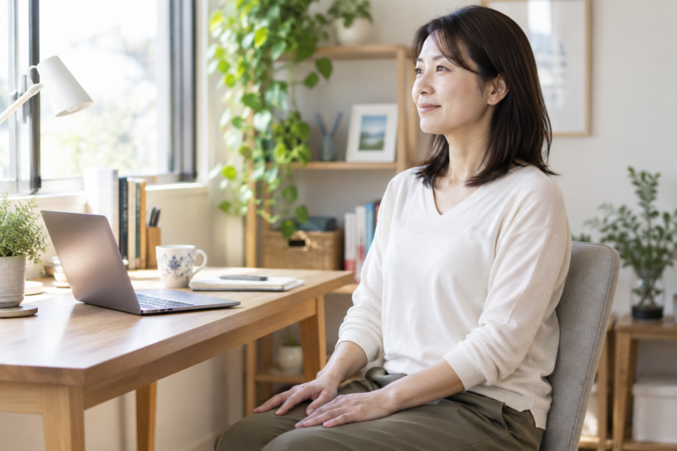 作業の手を止めて肩を休める女性（AI生成イメージ）