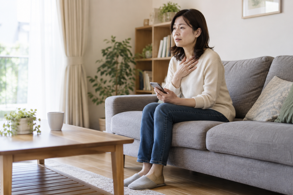 息苦しさを感じてソファで休む女性(AI生成イメージ)