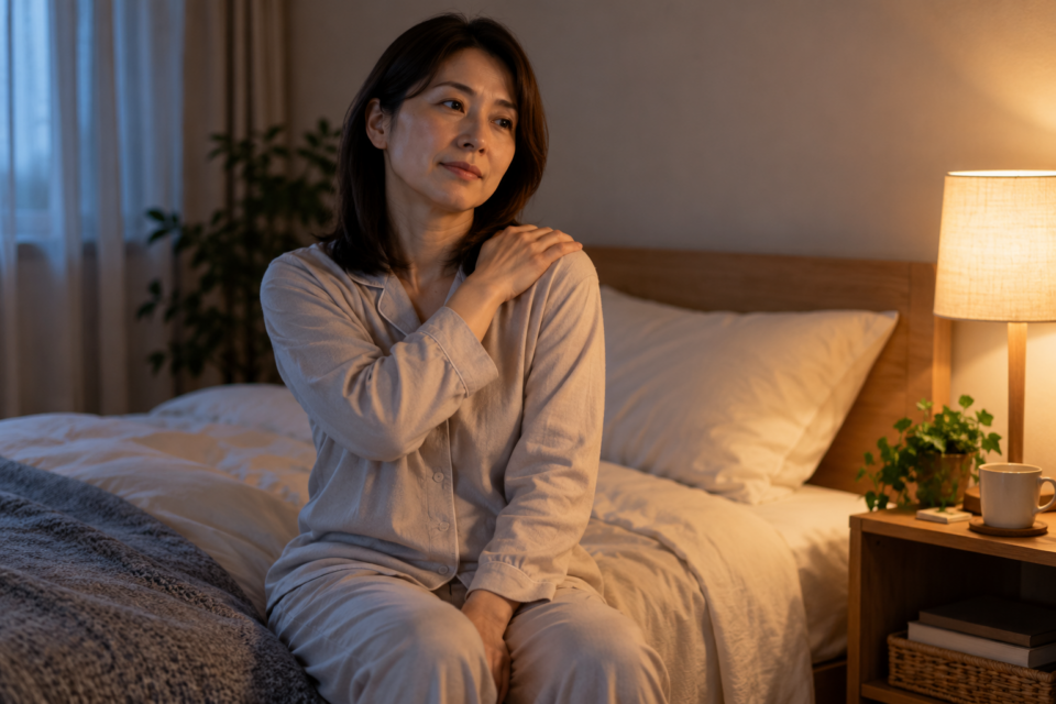 肩が気になりベッドの端に座る女性（AI生成イメージ）