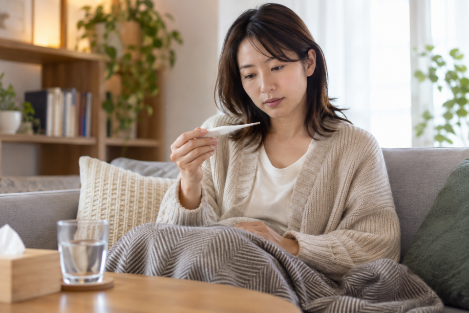体温を確認して自宅で休む女性(AI生成イメージ)