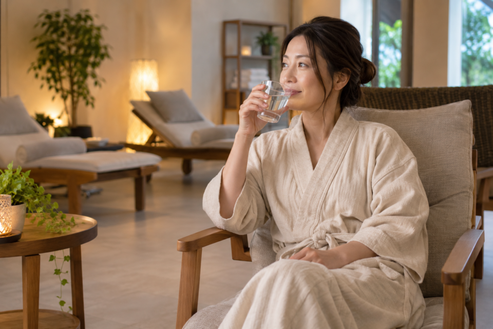 スパの休憩スペースで水分を取る女性(AI生成イメージ)