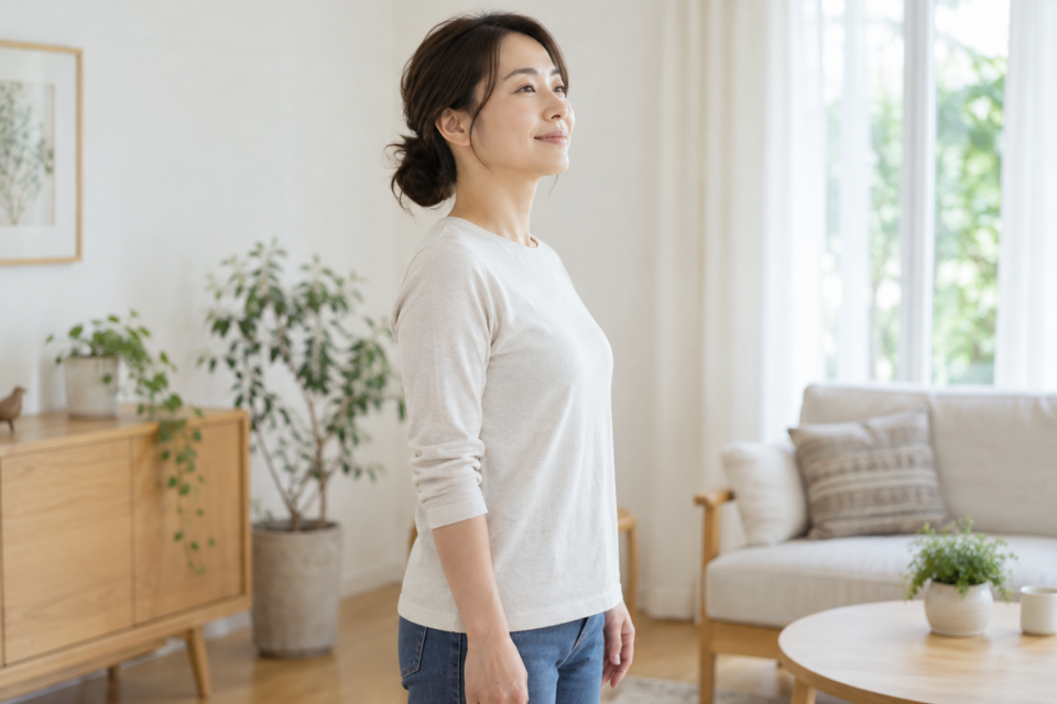 肩や首に力を入れず自然に立つ女性（AI生成イメージ）