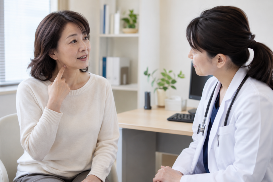 首の気になる場所を医師に伝える女性(AI生成イメージ)