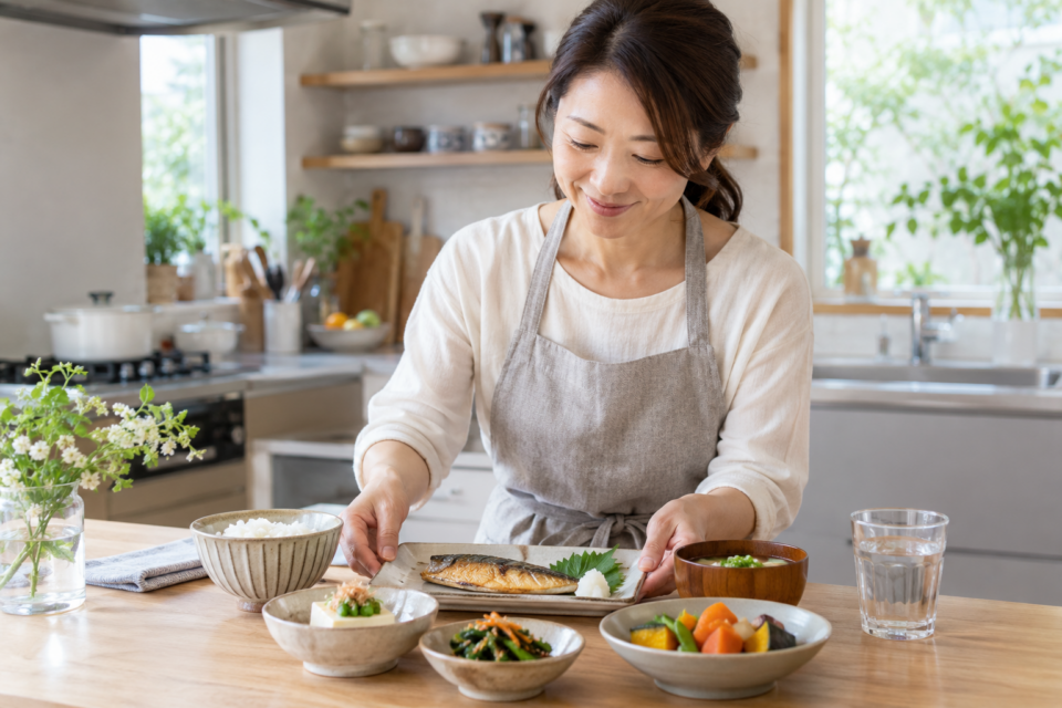 ご飯・魚・野菜・豆腐を組み合わせた食事を取る女性(AI生成イメージ)