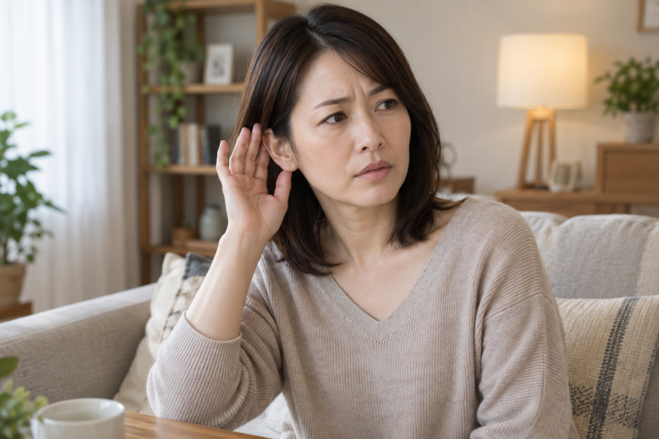 耳の詰まりが気になり外耳に手を添える女性(AI生成イメージ)