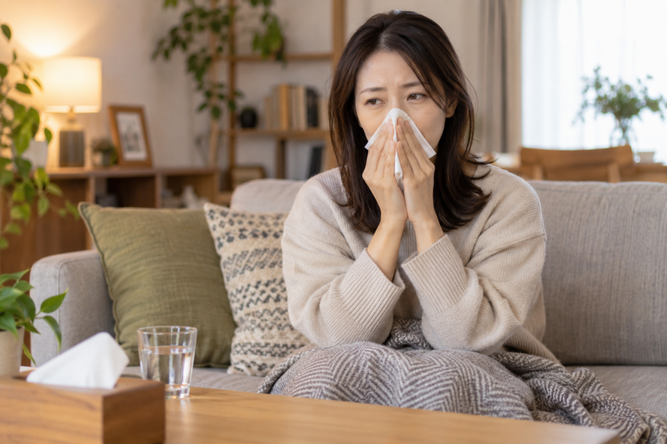 鼻の不快感でティッシュを手にする女性（AI生成イメージ）