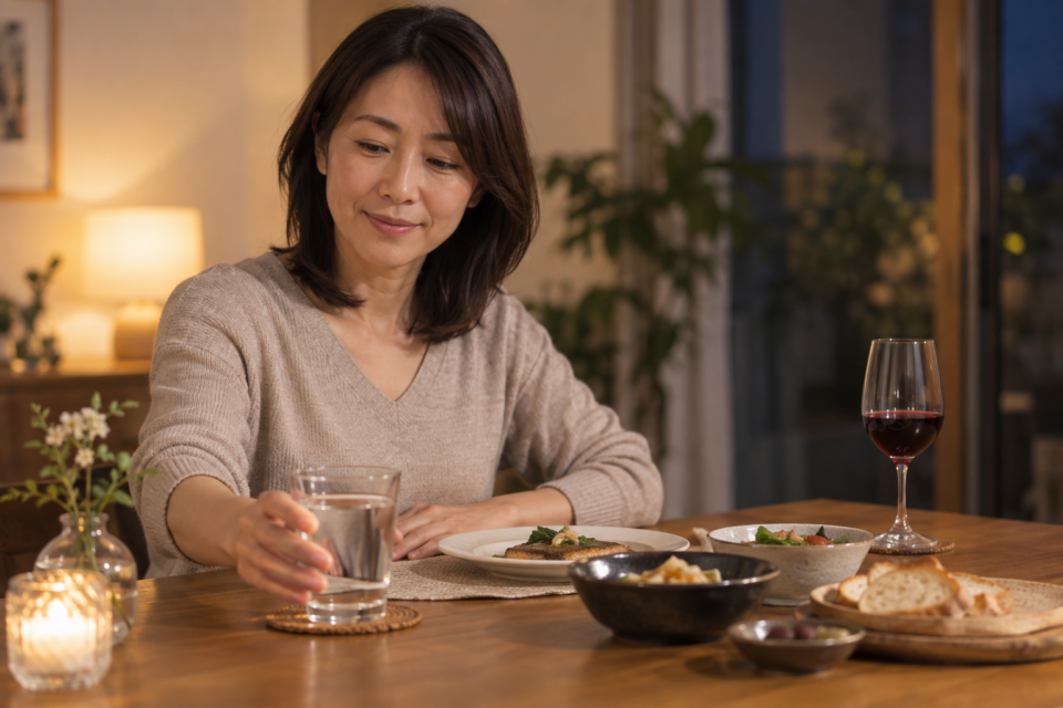 お酒を脇に置き水を選ぶ女性（AI生成イメージ）