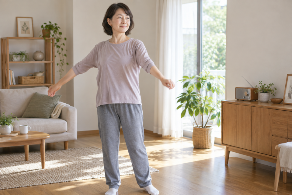室内で無理のない範囲で腕を動かす女性（AI生成イメージ）
