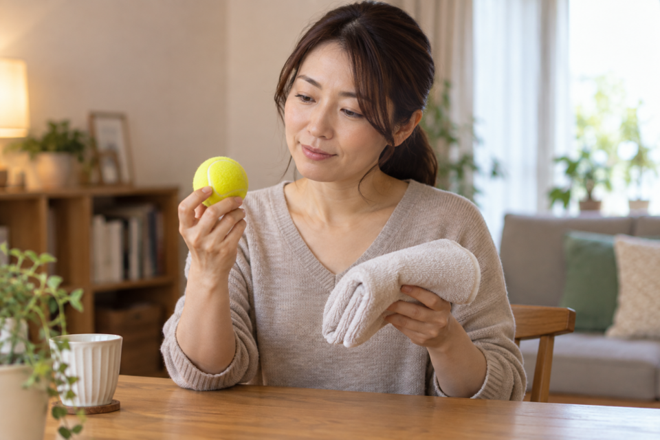 テニスボールとタオルを手元で確認する女性（AI生成イメージ）