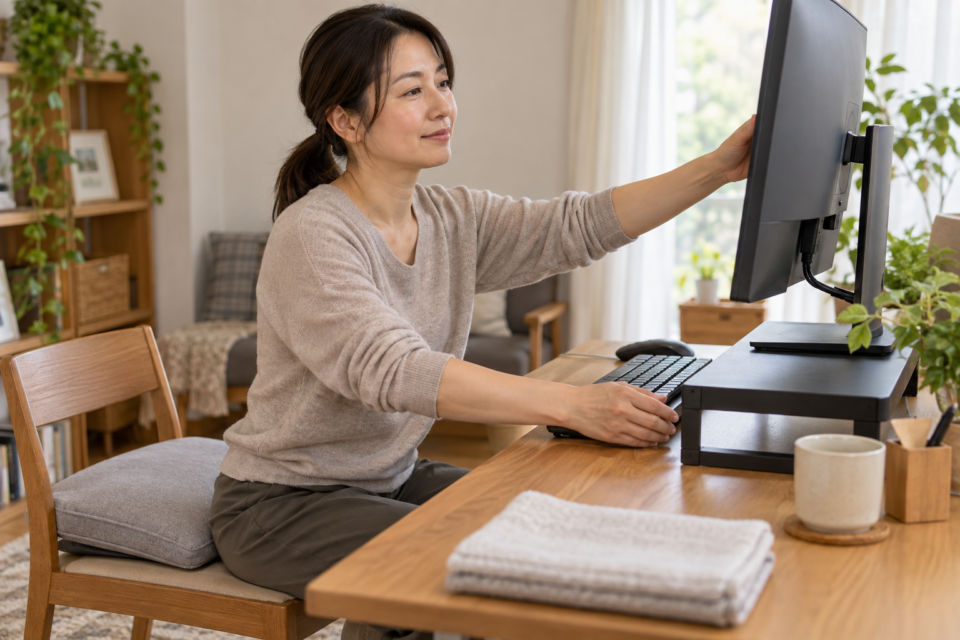 机の上でモニターと入力機器の配置を調整する女性（AI生成イメージ）