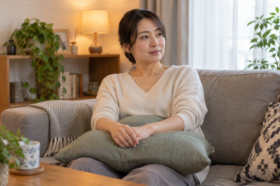 肩への刺激を避けクッションで腕を支えて休む女性（AI生成イメージ）