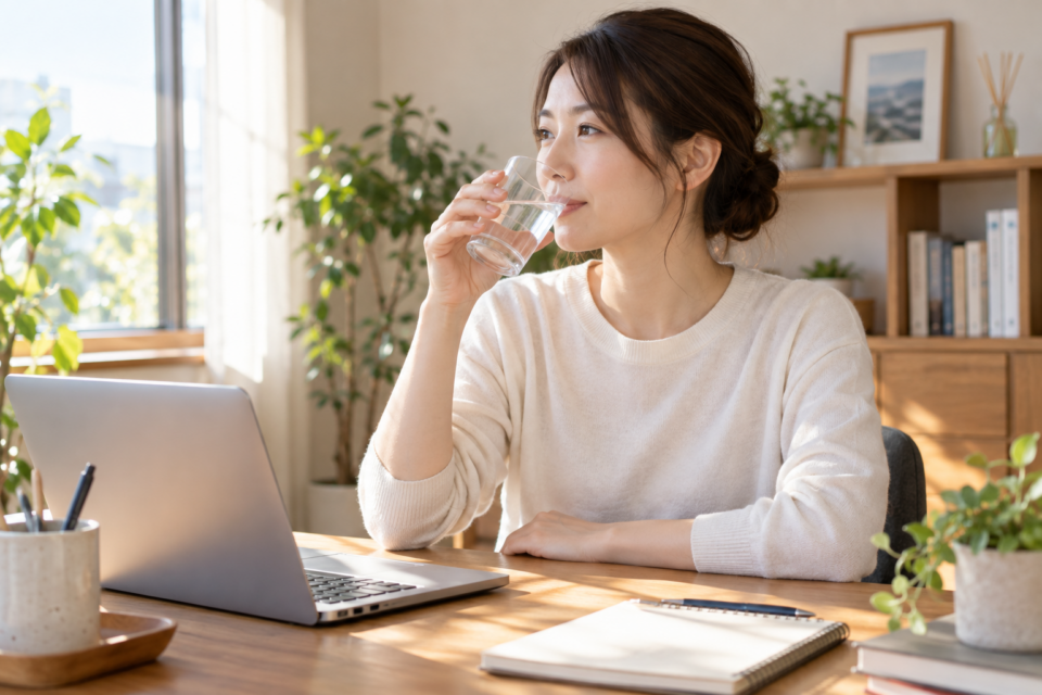 デスクワークの休憩中に水を飲む女性（AI生成イメージ）