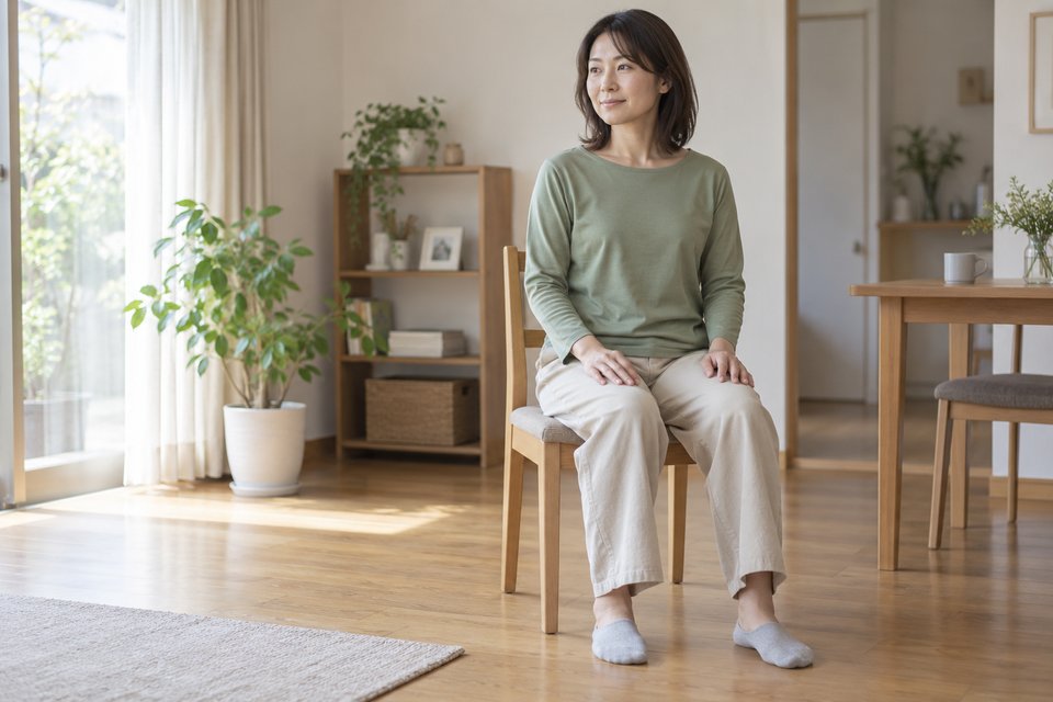 椅子に腰かけて足を床につけ、力を抜いて休む女性