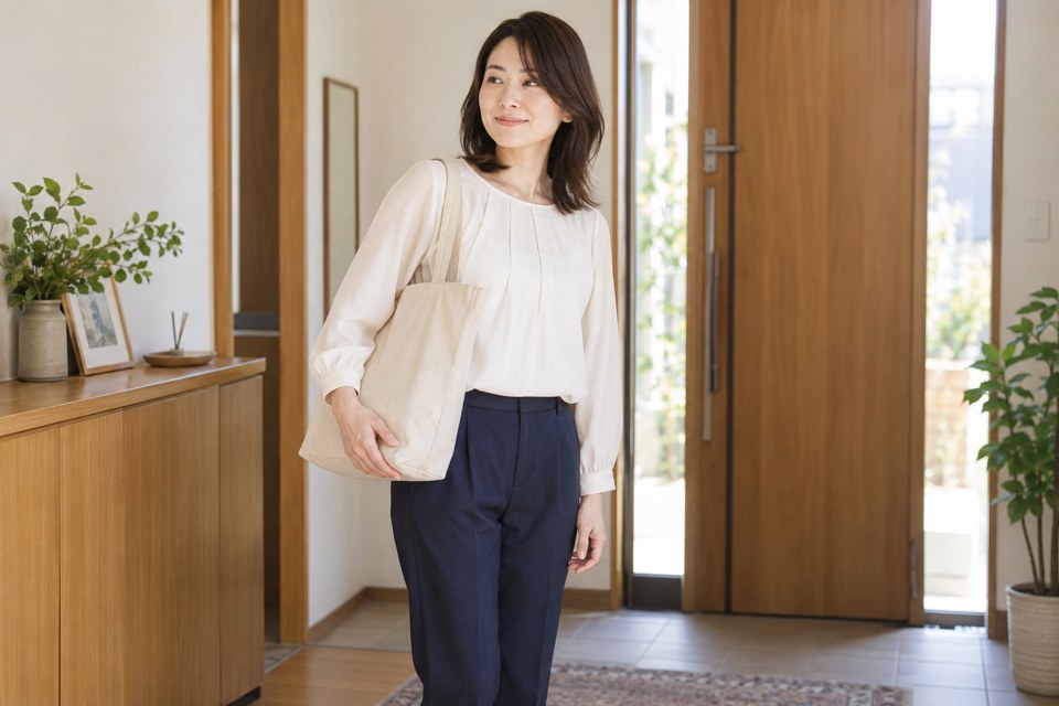 片肩にかけたトートバッグの下側へ手を添えて立つ女性