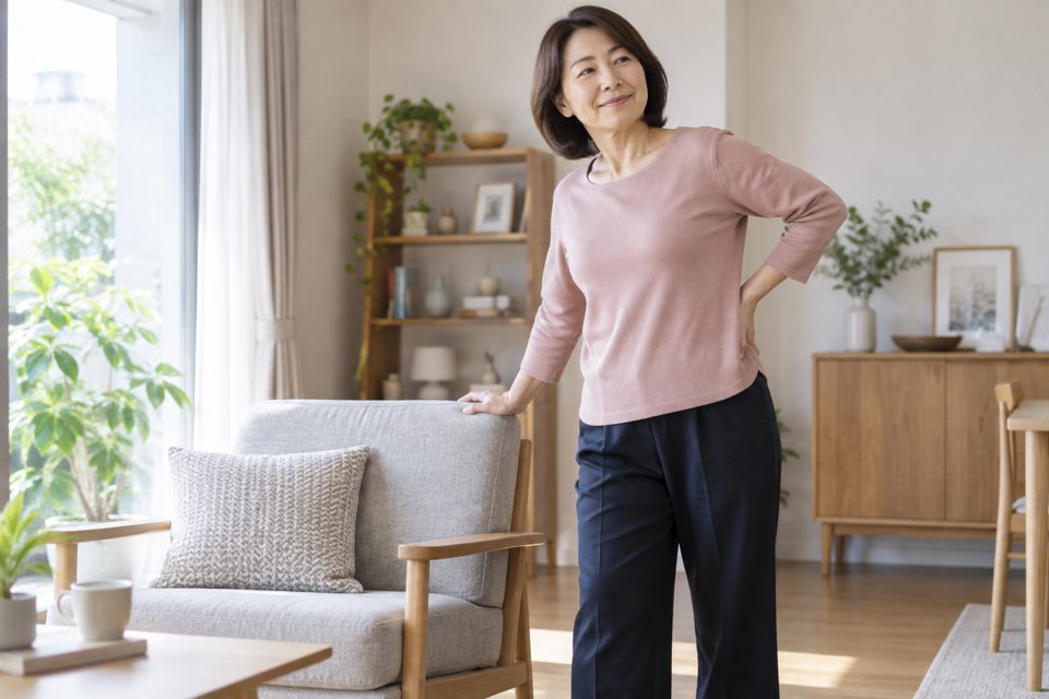 椅子の背に手を添えて立ち、腰に手を当てる女性