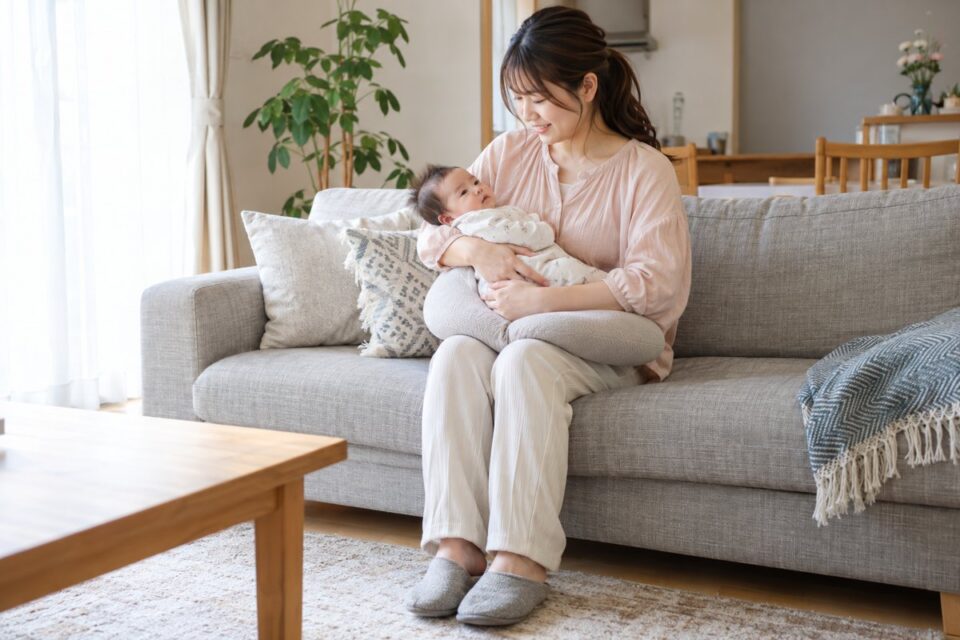 クッションで腕を支え、ソファに座って赤ちゃんを抱く女性