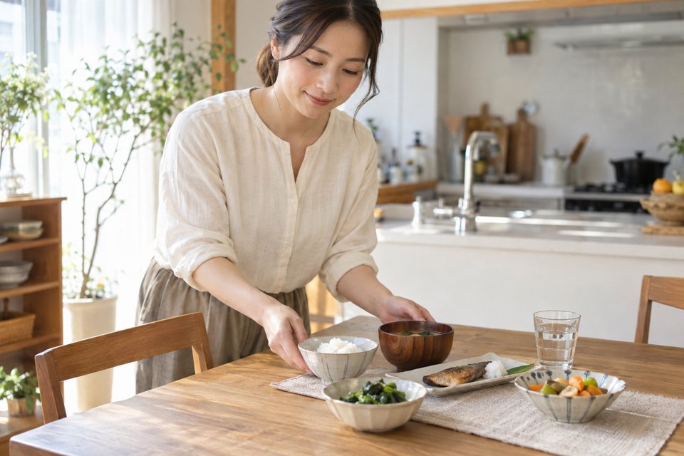 ご飯、魚、野菜、汁物を食卓に並べる女性