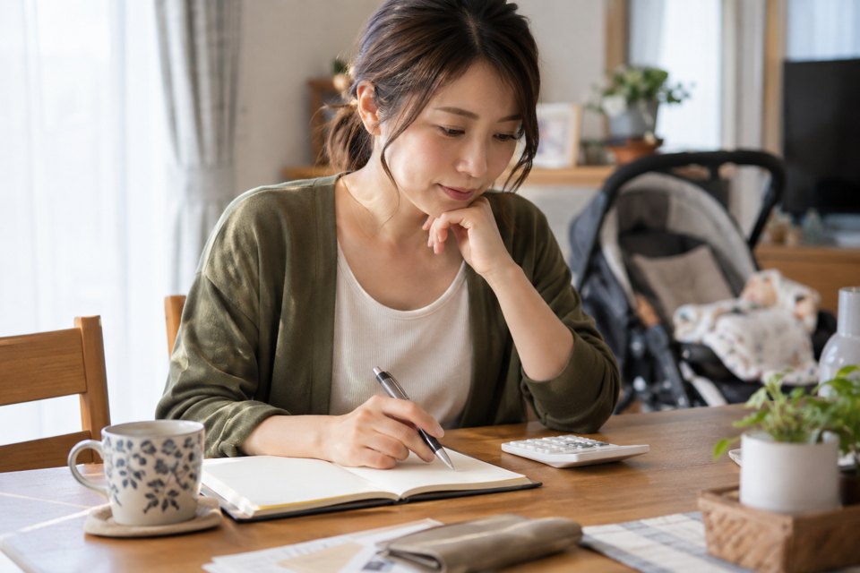 電卓とノートを使い、自宅のテーブルで費用を確認する女性