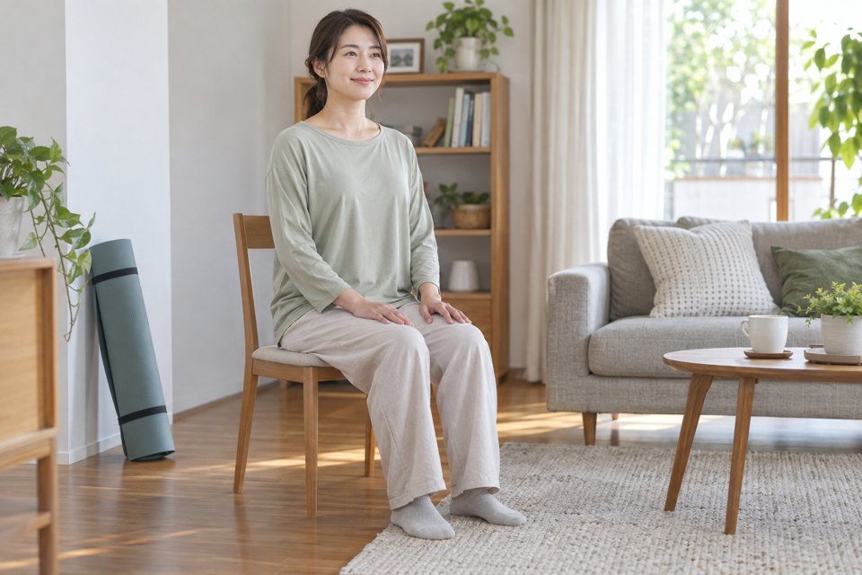 足を床につけて椅子に座り、身体を動かす前に楽な姿勢を取る女性
