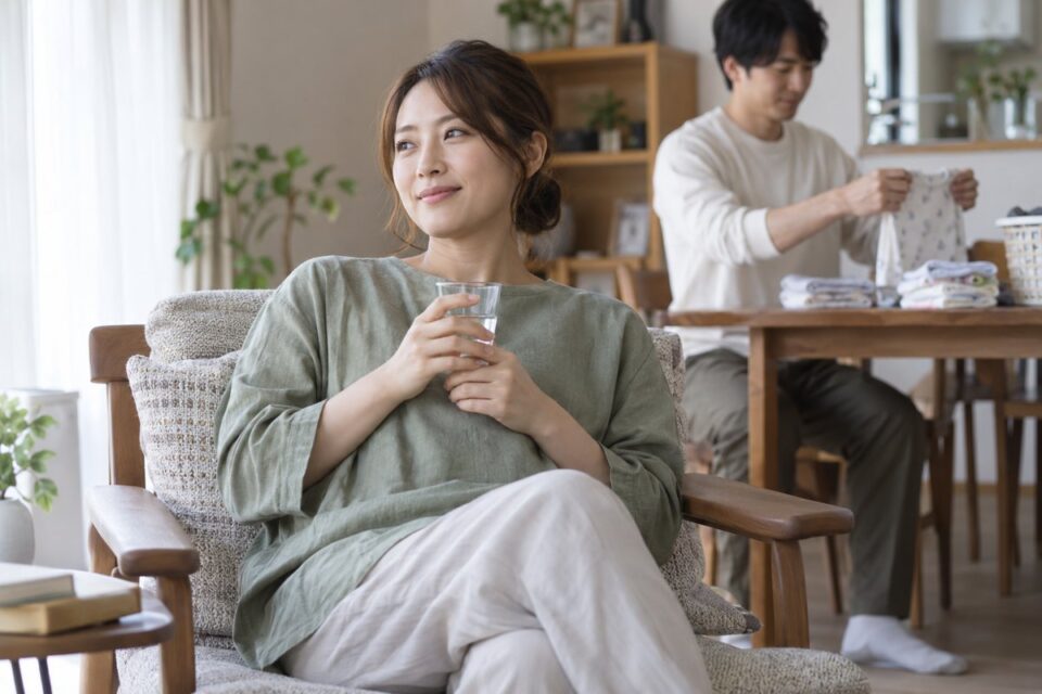 椅子で休む女性と、後ろで赤ちゃんの衣類を畳む家族