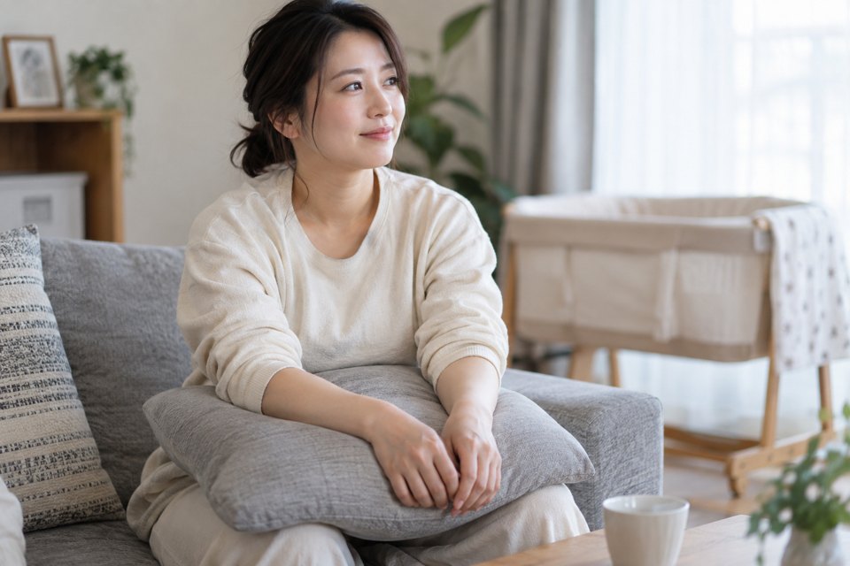 膝の上のクッションに前腕と手を置いて休む女性
