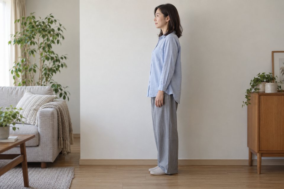 壁のそばで力を抜いて立つ女性の横向きの姿