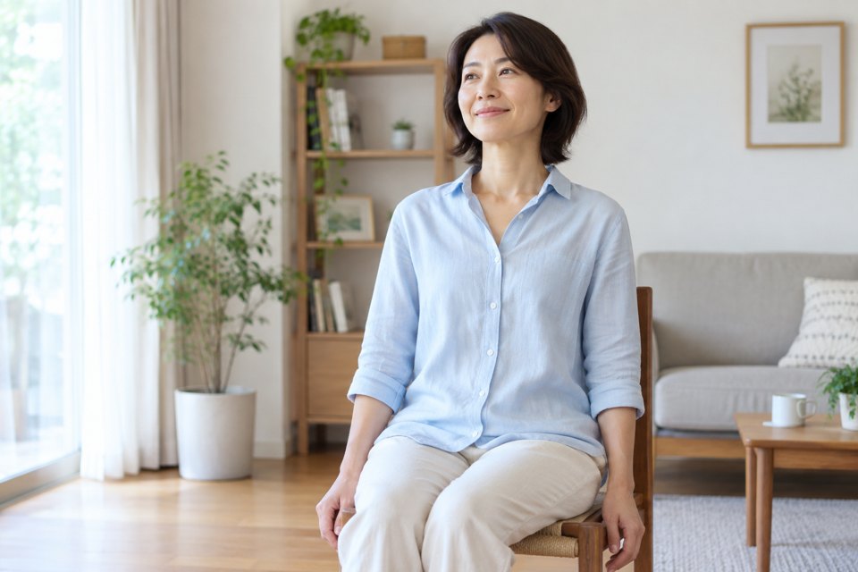 椅子に座り、腕を体の横に下ろして肩を休める女性