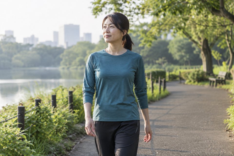 公園の平らな道をゆっくり歩く運動着の女性