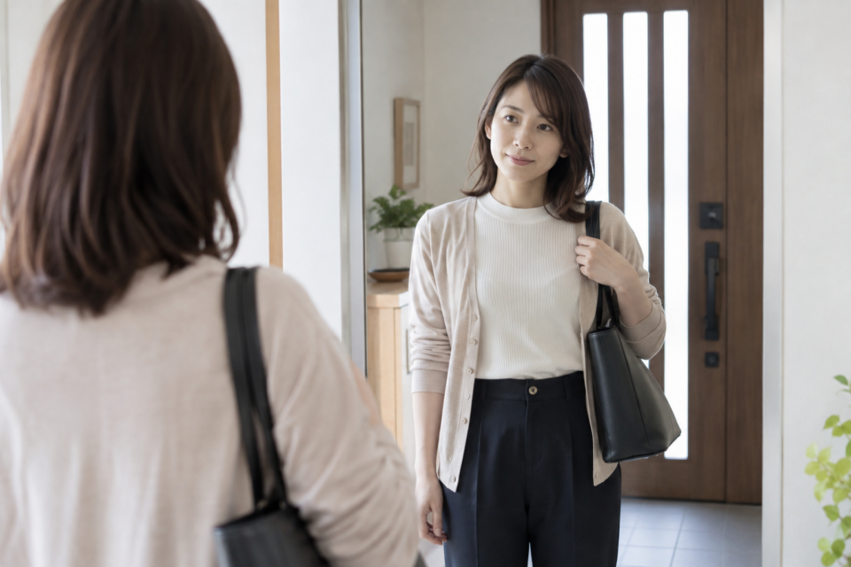 鏡で左右の肩の高さを確認し肩掛けバッグを調整する女性