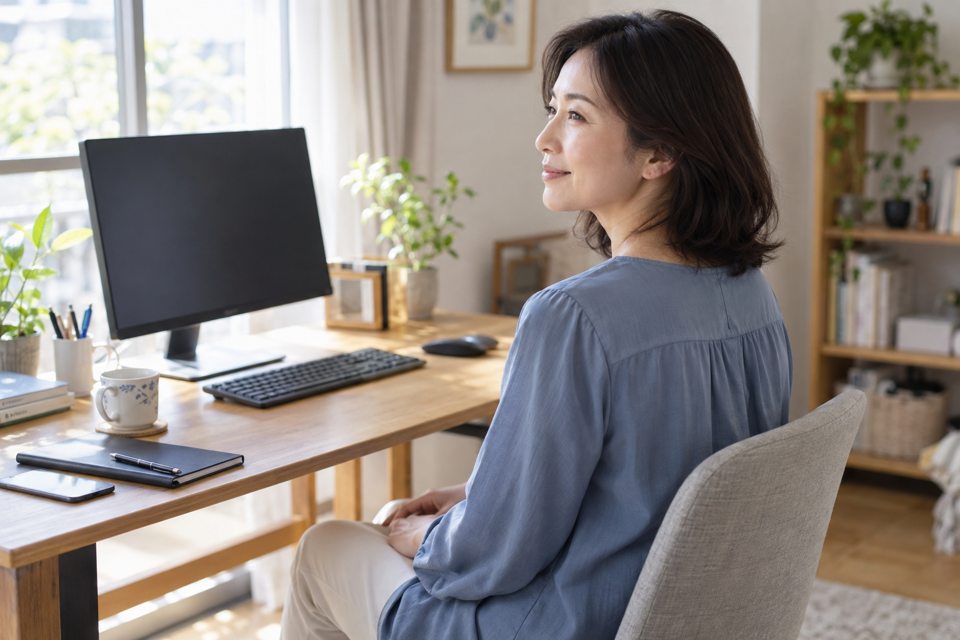 デスクでの作業を休み、肩の力を抜いて座る女性