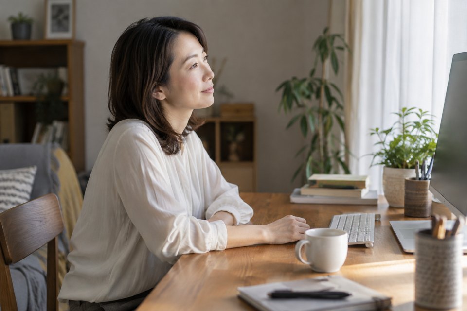 机に前腕を置き、画面から目を離して休憩する女性