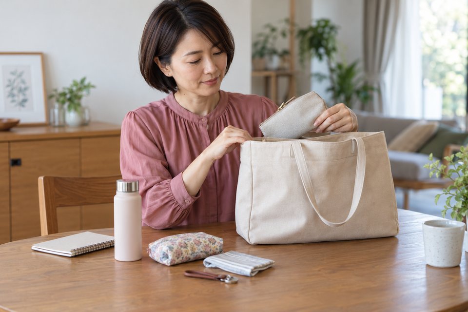 肩がけバッグから荷物を取り出して中身を整理する女性
