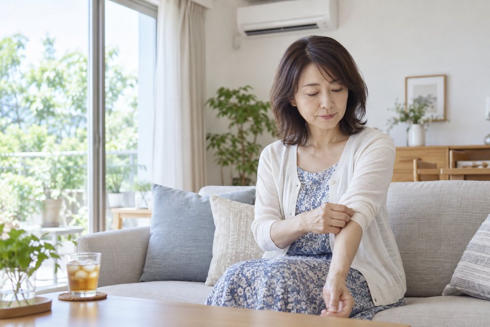 冷房のある室内で薄手の羽織りの袖を整える女性