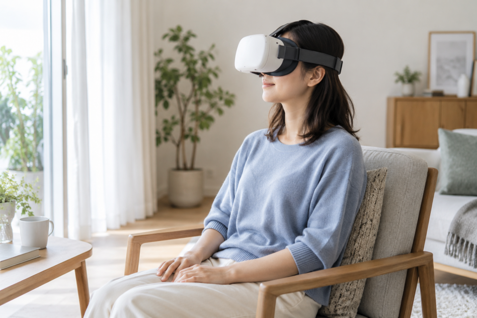 椅子に座り、肩に力を入れずVRヘッドセットを装着する女性