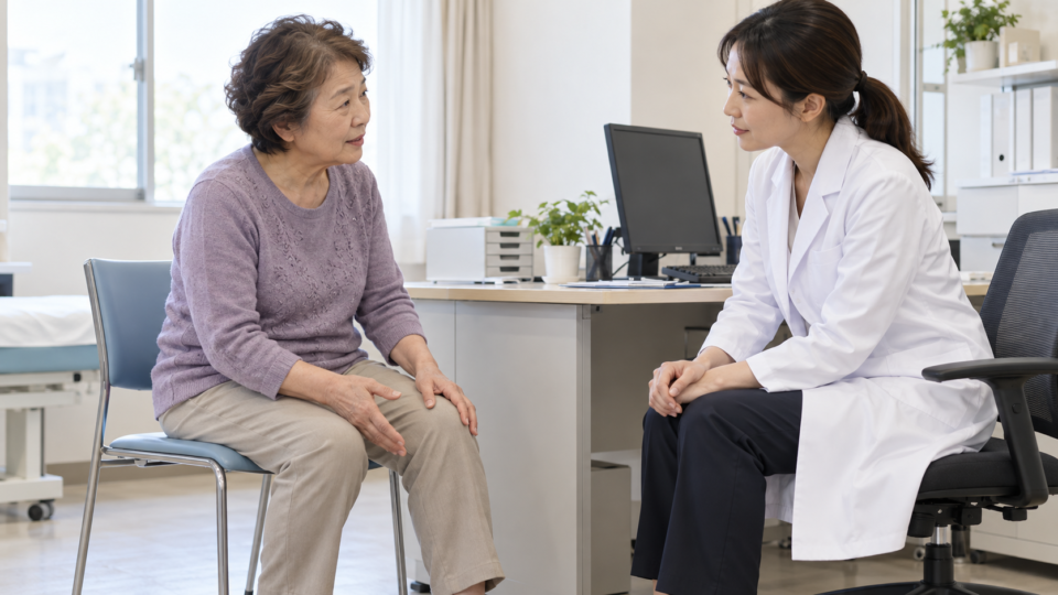 膝について医療者と話す女性のイメージ
